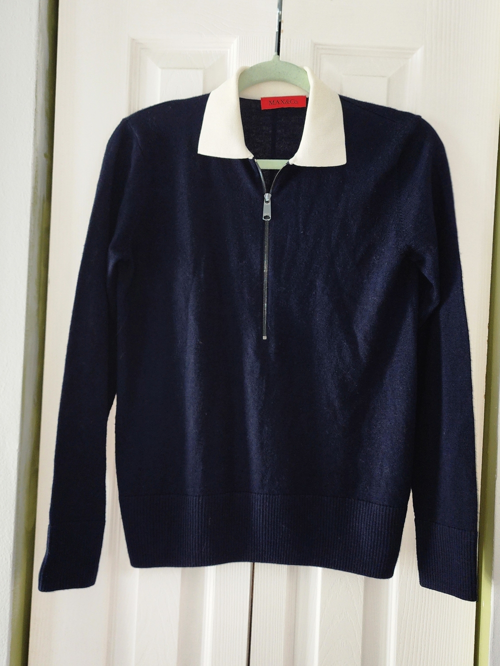 Max &Co. Navy Wool Sweater with White Polo Collar and Half-Zip